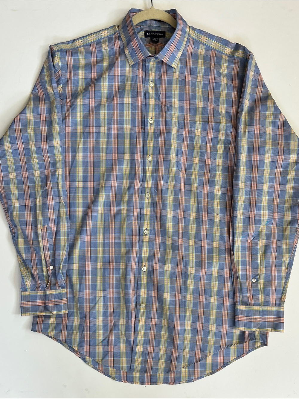 NWT Lands' End Men's Plaid Button-Down Shirt - Pastel Blue & Pink Size 16.5-36